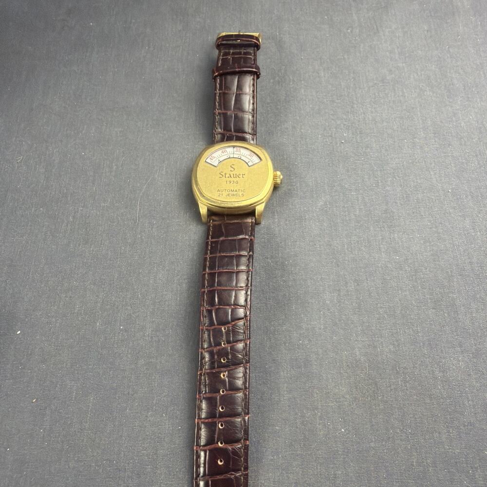 Stauer 1930 Automatic 21-Jewel Gold Dial Brown Leather Strap Wristwatch